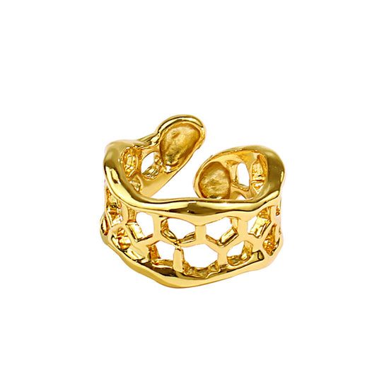 New Hollow Honeycomb Gold Opening Adjustment Ring with European and American Style Personalized Versatile Joint Index Finger Ring Hip Hop nugget earrings